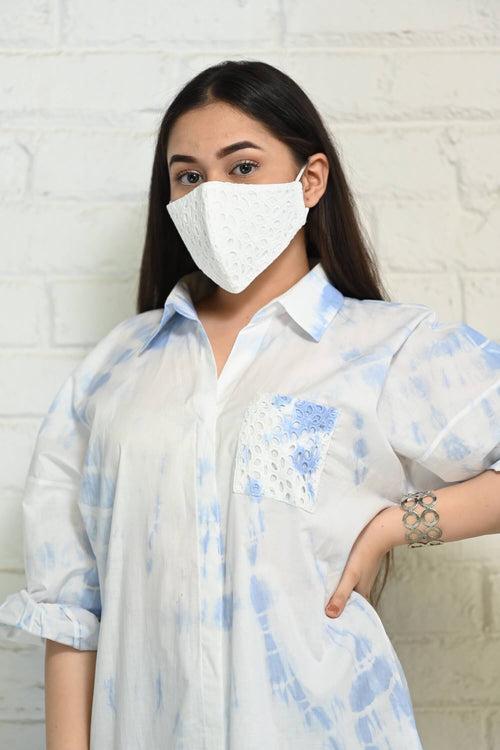 Blue-White Oversized Tie-Dye Cotton Shirt with Face Mask