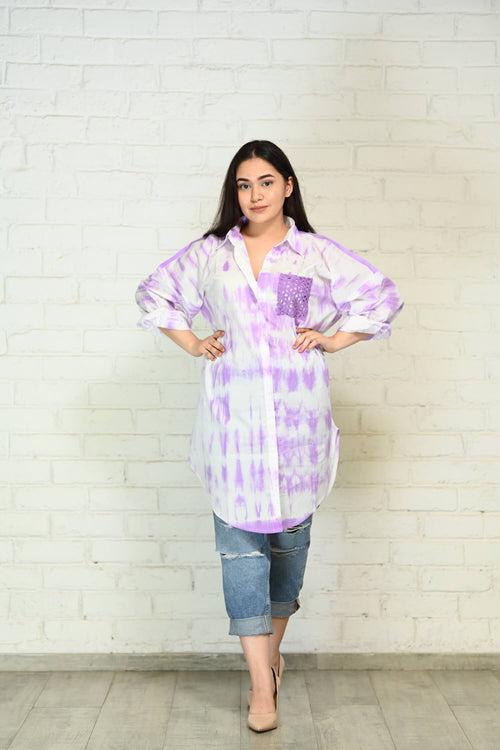 Purple-White Oversized Tie-Dye Cotton Shirt with Face Mask