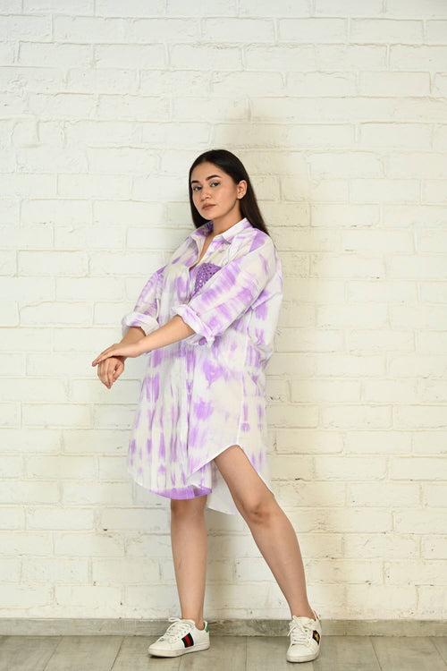 Purple-White Oversized Tie-Dye Cotton Shirt with Face Mask