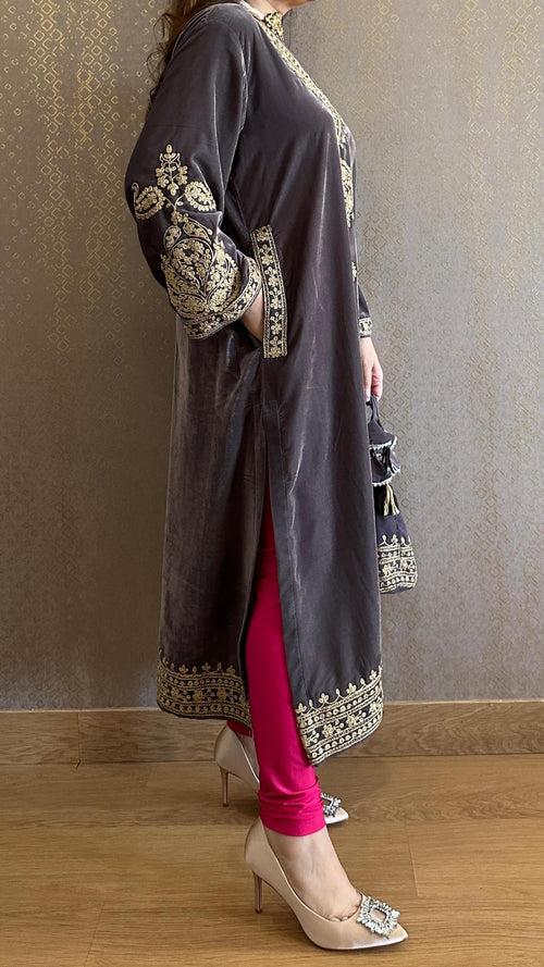 Grey Velvet Kashmiri-Phiran Kurta with Churidar and Matching Potli