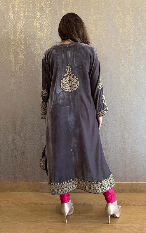 Grey Velvet Kashmiri-Phiran Kurta with Churidar and Matching Potli