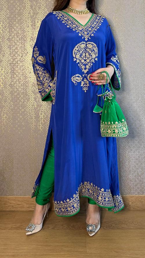 Blue Crepe Kashmiri-Phiran Kurta with Churidar and Matching Potli