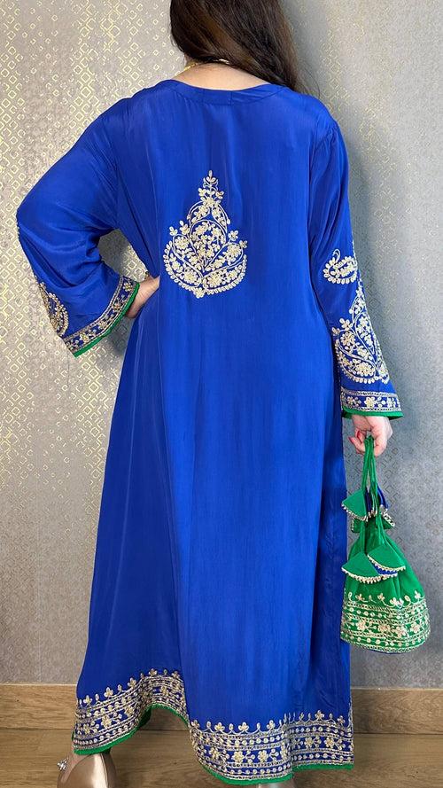 Blue Crepe Kashmiri-Phiran Kurta with Churidar and Matching Potli