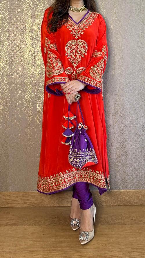 Red Crepe Kashmiri-Phiran Kurta with Churidar and Matching Potli