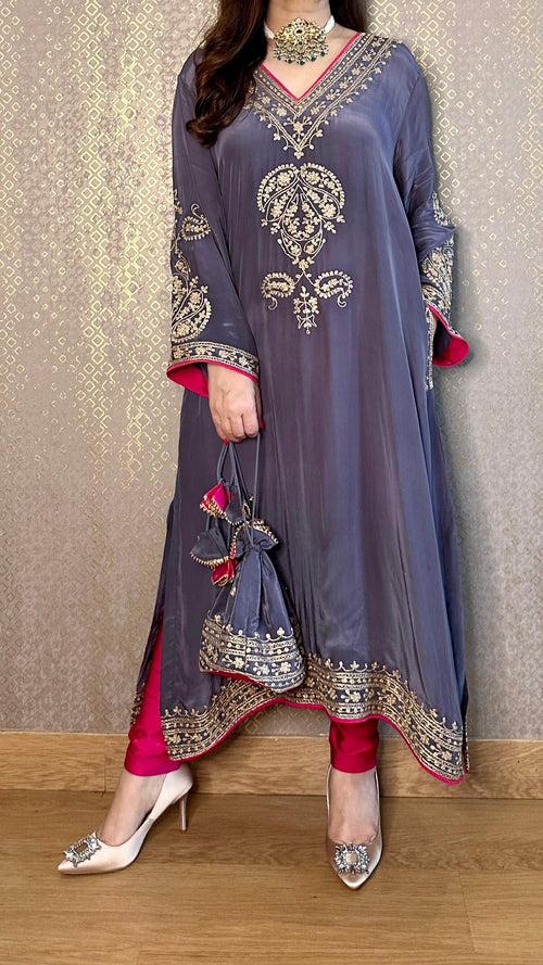 Grey Crepe Kashmiri-Phiran Kurta with Churidar and Matching Potli