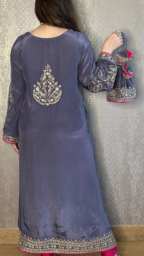 Grey Crepe Kashmiri-Phiran Kurta with Churidar and Matching Potli