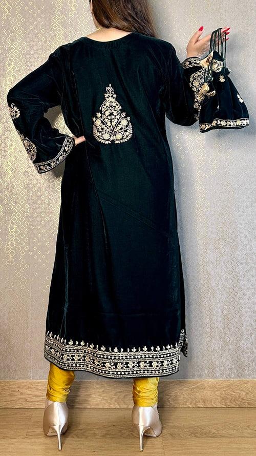 Deep Bottle Green Velvet Kashmiri-Phiran Kurta with Churidar and Matching Potli