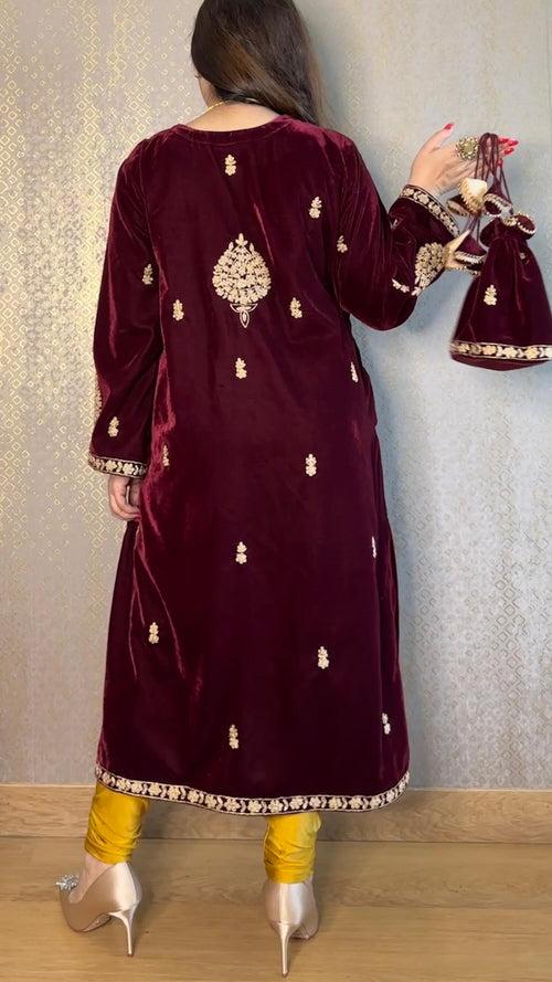 Maroon Paisley Velvet Kashmiri-Phiran Kurta with Churidar and Matching Potli