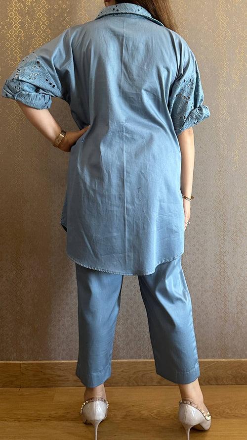 Blue Cotton Chikankari Co-ord Set with Belt