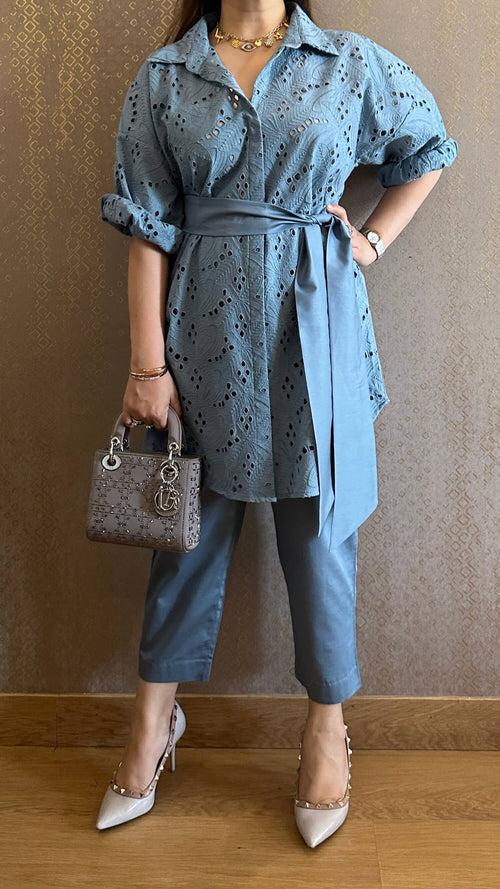 Blue Cotton Chikankari Co-ord Set with Belt