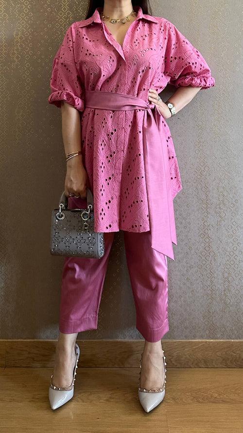 Pink Cotton Chikankari Co-ord Set with Belt