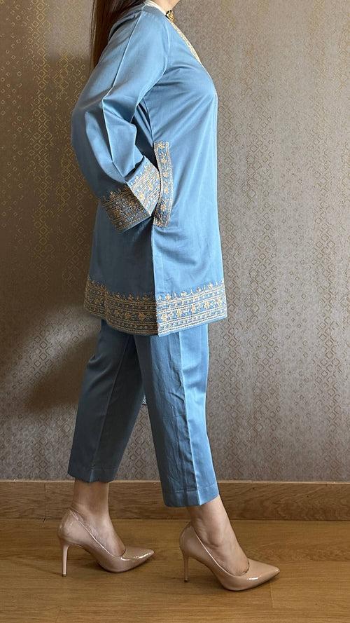 Sky Blue Embroidered Kashmiri Co-ord Set