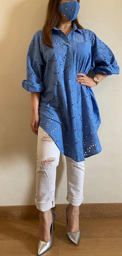 Lagoon Blue Oversized Chikankari Shirt (Freesize)