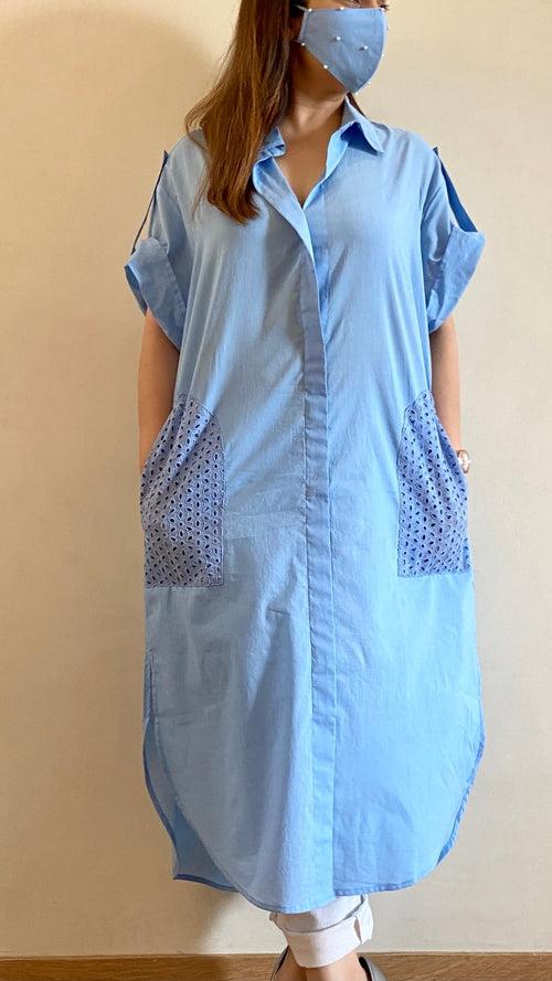 Maya Blue Oversized Pocket Shirt (Freesize)