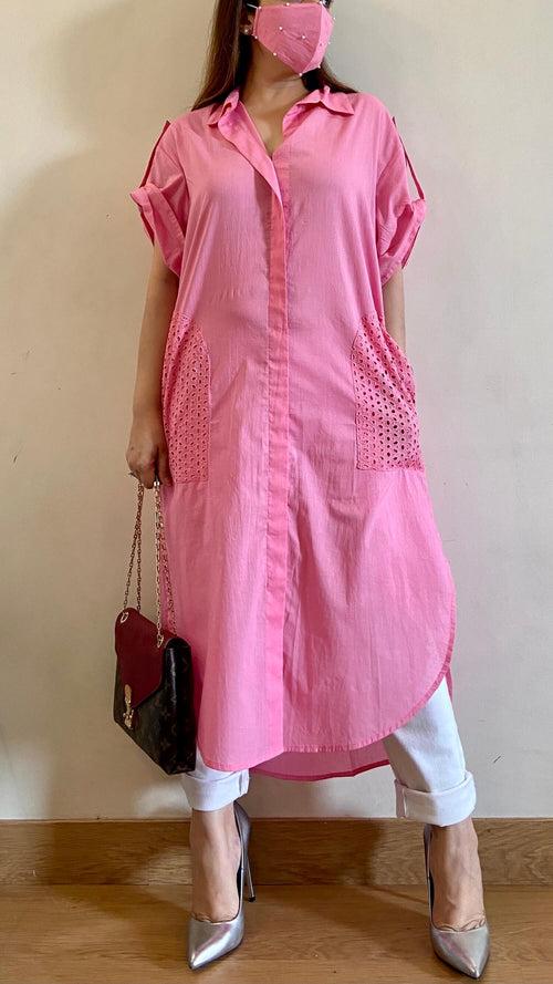 Carnation Pink Oversized Pocket Shirt (Freesize)