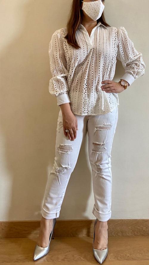 Pearl White Cutwork Short Shirt