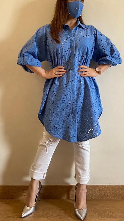 Lagoon Blue Oversized Chikankari Shirt (Freesize)