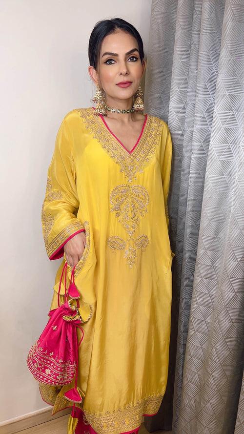 Mustard Crepe Kashmiri-Phiran Kurta with Churidar and Matching Potli