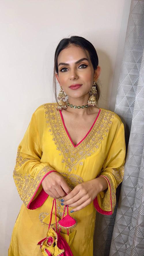 Mustard Crepe Kashmiri-Phiran Kurta with Churidar and Matching Potli