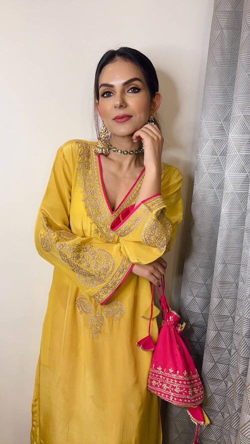 Mustard Crepe Kashmiri-Phiran Kurta with Churidar and Matching Potli