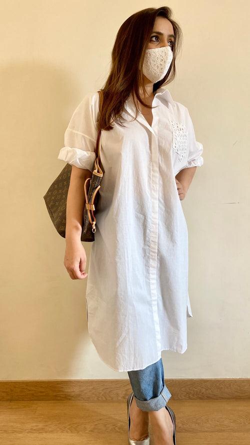 Pearl White Oversized Cotton Shirt with Face Mask