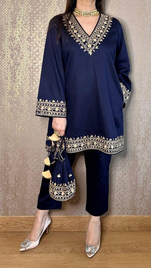 Navy Cotton Kashmiri Co-ord Set