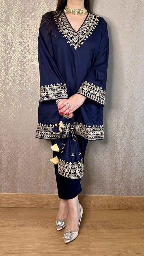 Navy Cotton Kashmiri Co-ord Set