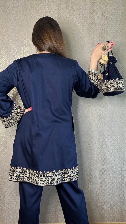 Navy Cotton Kashmiri Co-ord Set