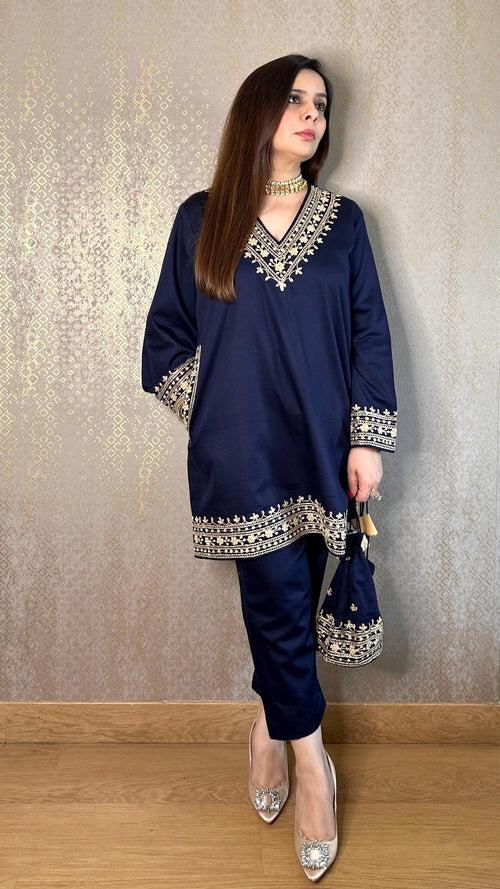 Navy Cotton Kashmiri Co-ord Set