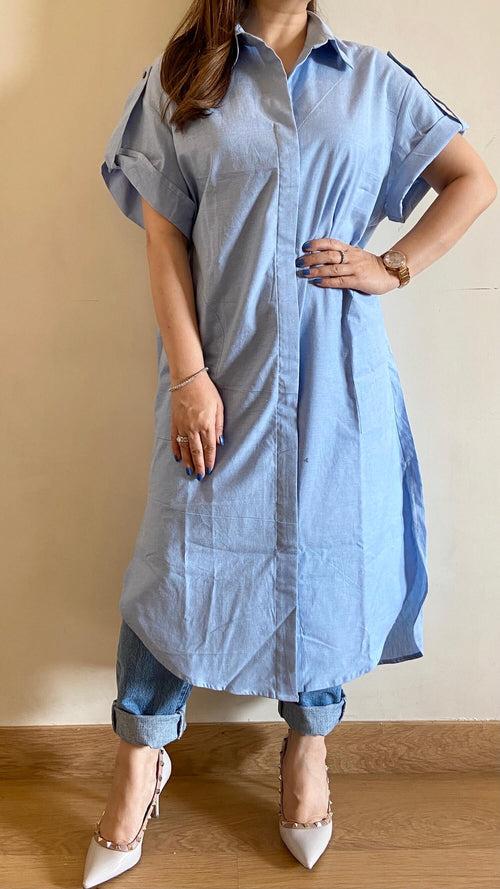 Sky Blue Oversize Shirt Dress with Pockets (Freesize)