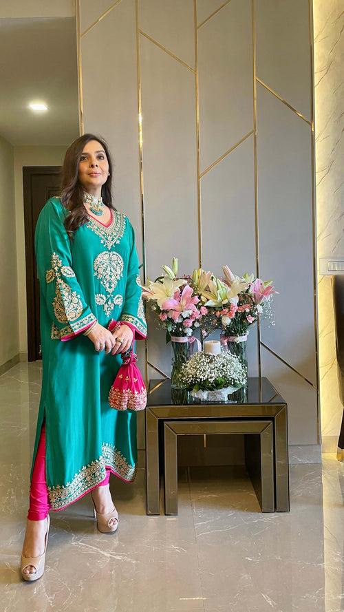 Jade Green Crepe Kashmiri-Phiran Kurta with Churidar and Matching Potli