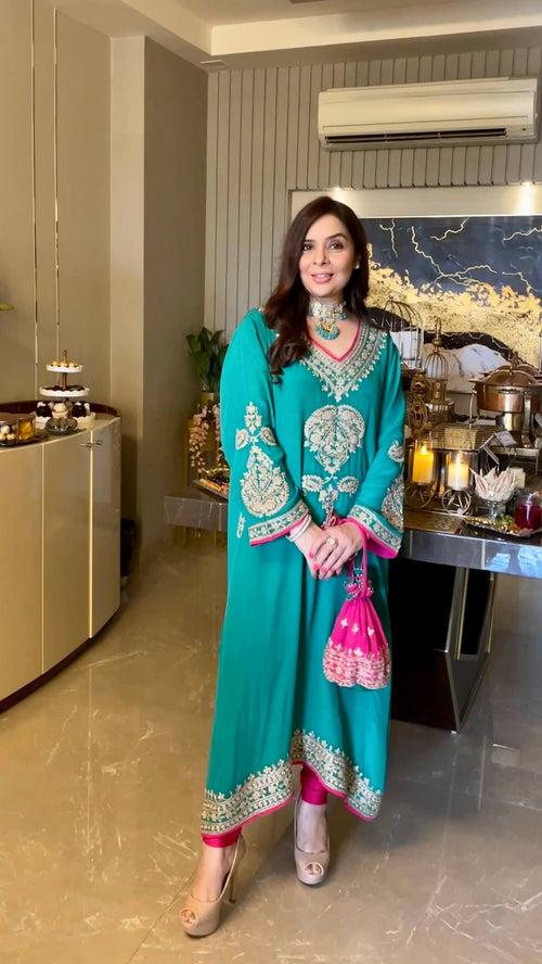 Jade Green Crepe Kashmiri-Phiran Kurta with Churidar and Matching Potli