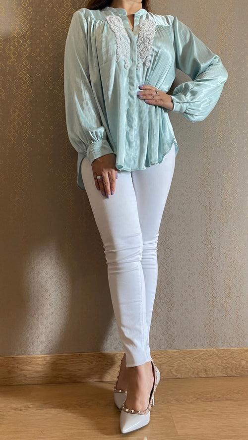 Powder Blue Hand Embroidered Luxe Satin Shirt