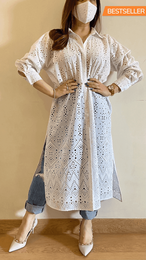 Pearl White Chikankari High-Low Shirt (Freesize)