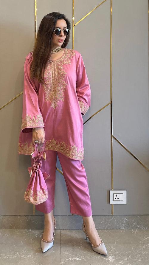 Pink Cotton Embroidered Kashmiri Co-ord Set