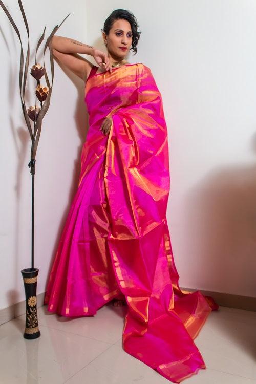 The Zari Sheen - Pink Handwoven Uppada Tissue Silk Saree