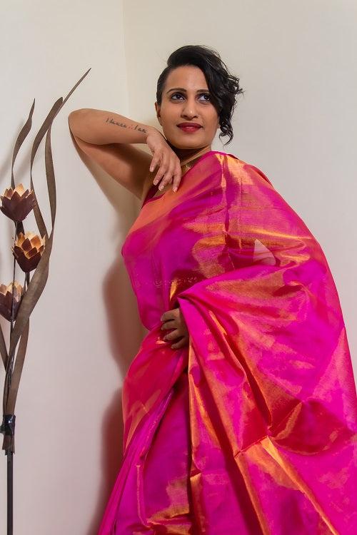 The Zari Sheen - Pink Handwoven Uppada Tissue Silk Saree