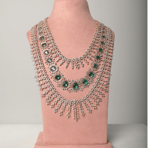 3 Lines Diamond Long Necklace Haaram With Emerald CZ & Gold Polish