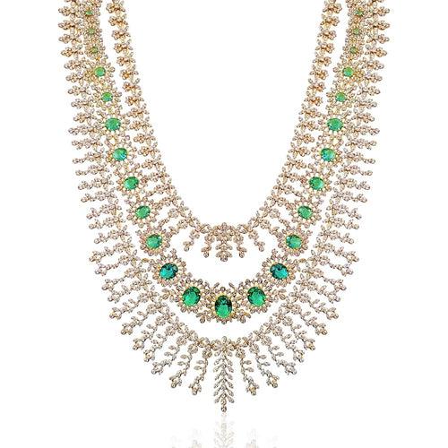 3 Lines Diamond Long Necklace Haaram With Emerald CZ & Gold Polish