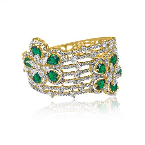 A Radiant CZ Diamond Bracelet Adorned with Statement Emerald Flowers