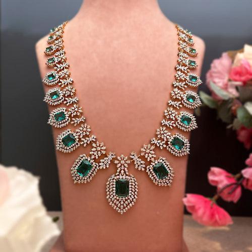 Diamond Look Long Haram Necklace Design with Emeralds