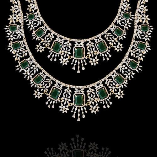 Diamond & Emerald Cascading Necklace Set - An Enchanted Forest Elegance