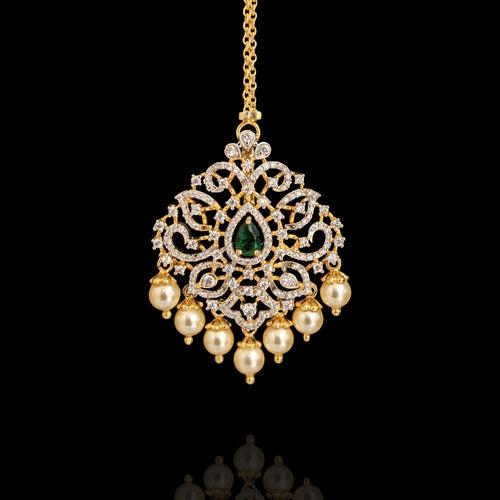 Emerald Center Bridal Mangtikka Design with Cascading Pearls & CZ Diamonds