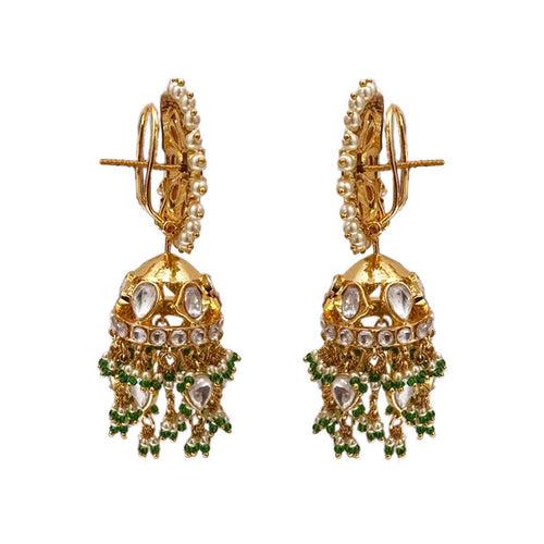 Emerald Elegance- Polki Jhumka Earrings with Green Drops