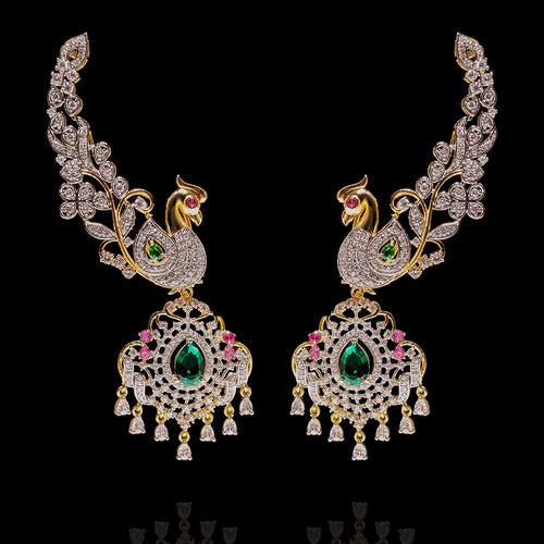 Enchanting Peacock Ear Cuffs Design with Statement Emerald Drops