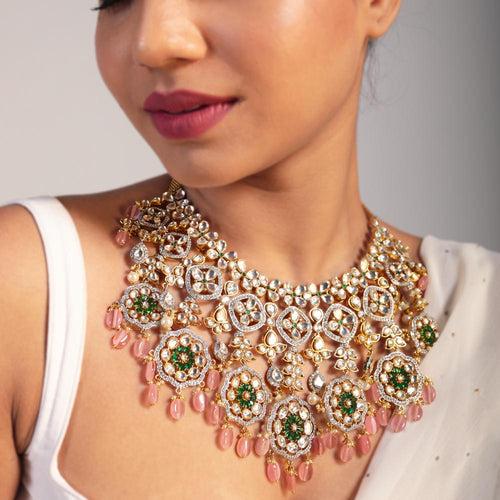 Rose Petal Radiance - Polki Necklace with Rose Quartz Hanging