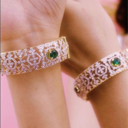 Shimmering Flowers Diamond Look Bangle with 18K Gold Polish