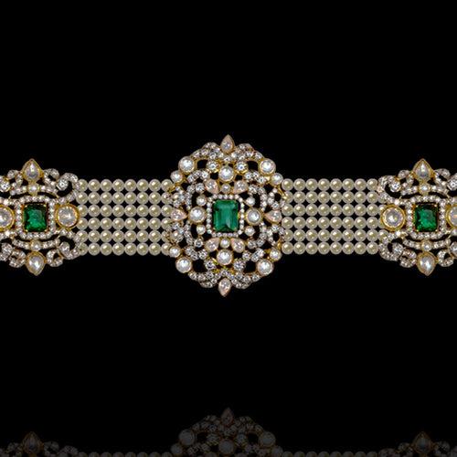 Diamond Motifs Adorned Elegant Pearl Oddiyanam Hip Belt