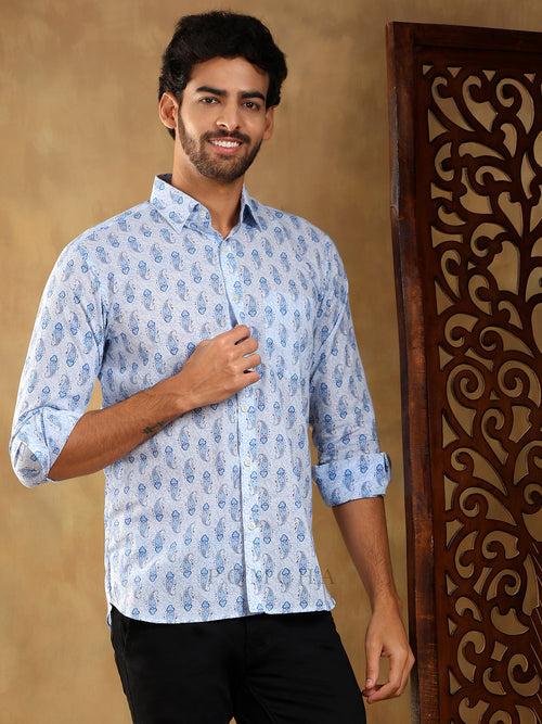 SAGAR BLUE COTTON HAND BLOCK SHIRT