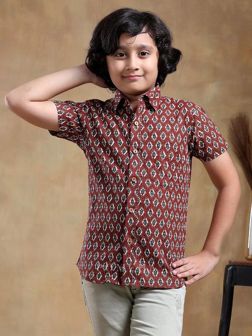 BACHPAN DAHLEEZ MAROON COTTON HAND BLOCK SHIRT